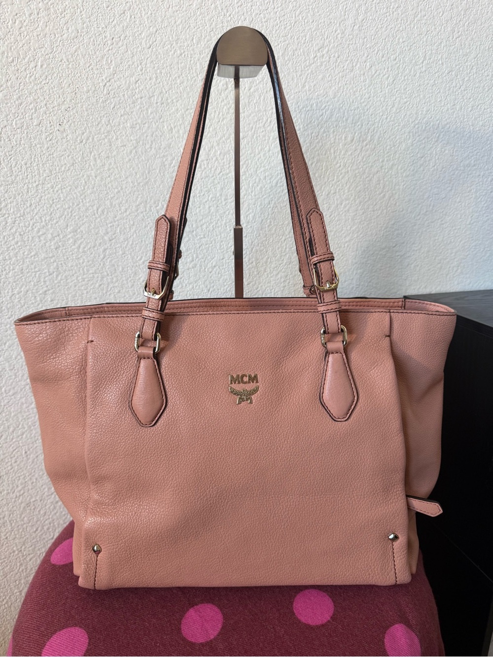 MCM Large Dusty Rose Pink Pebbled Leather Shoulder Tote Bag Gold Hardware